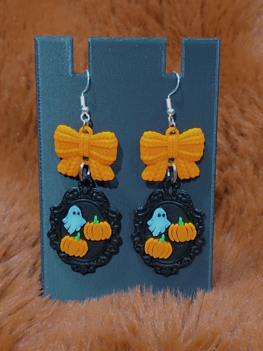 Halloween Pumpkin & Ghost Drop Earrings - Orange Bow Design